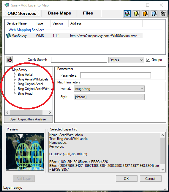 Choosing an imagery layer in the MapSavvy WMS