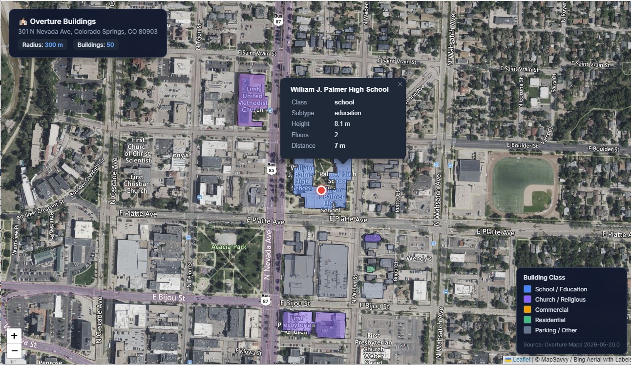 Aerial imagery illustration for the article: Connecting MapSavvy and Overture Buildings with…