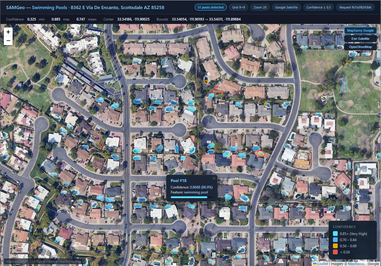 SamGeo Leafmap overlay showing 51 detected swimming pools across a Scottsdale residential neighborhood, with confidence-color-coded polygon outlines on Google Satellite imagery